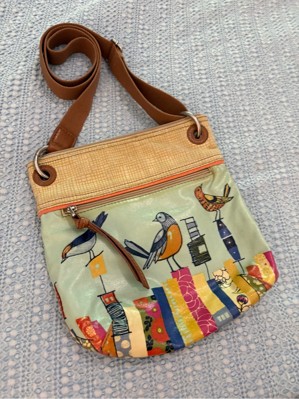 Fossil Key-Per City Birds Coated Canvas Crossbody Bag with Keychain Like New - Picture 7 of 15